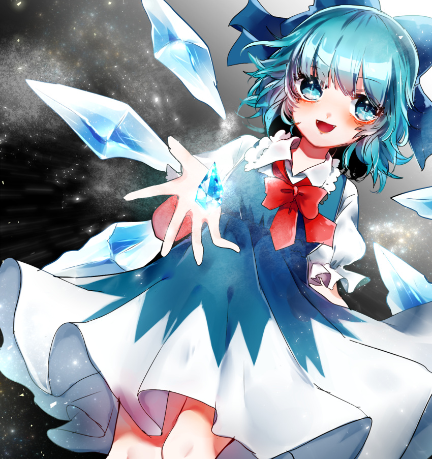 1girl black_background blue_bow blue_dress blue_eyes blue_hair bow bowtie cirno clothes_lift collared_shirt cowboy_shot cryokinesis dress dress_lift dutch_angle fangs frilled_shirt_collar frilled_sleeves frills frost hair_bow highres ice ice_wings light_blush looking_at_viewer medium_dress medium_hair open_mouth outstretched_hand pleated_dress puffy_short_sleeves puffy_sleeves red_bow red_bowtie shirt short_sleeves sleeveless sleeveless_dress smile solo sparkling_eyes suzune_hapinesu touhou wavy_eyebrows white_shirt wings