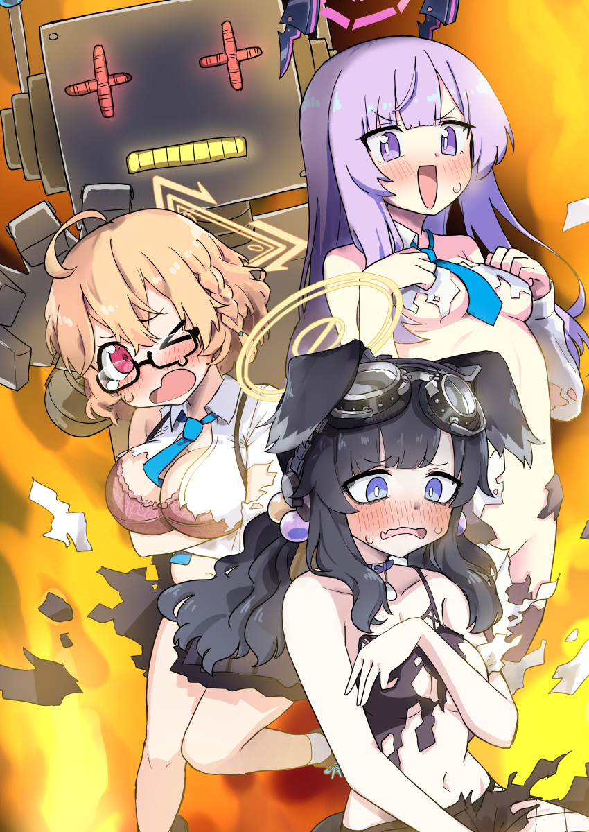 3girls absurdres ahoge animal_ears black-framed_eyewear black_hair black_skirt blonde_hair blue_archive blue_necktie blush bra breasts collarbone collared_shirt dog_ears eyewear_on_head floating_headgear glasses hair_between_eyes halo headgear hibiki_(blue_archive) highres kotori_(blue_archive) large_breasts long_hair medium_breasts multiple_girls nakamura_kumarin necktie one_eye_closed open_mouth pink_bra purple_eyes purple_hair purple_halo red_eyes robot shirt skirt torn_clothes torn_shirt torn_skirt underwear utaha_(blue_archive) white_shirt yellow_halo