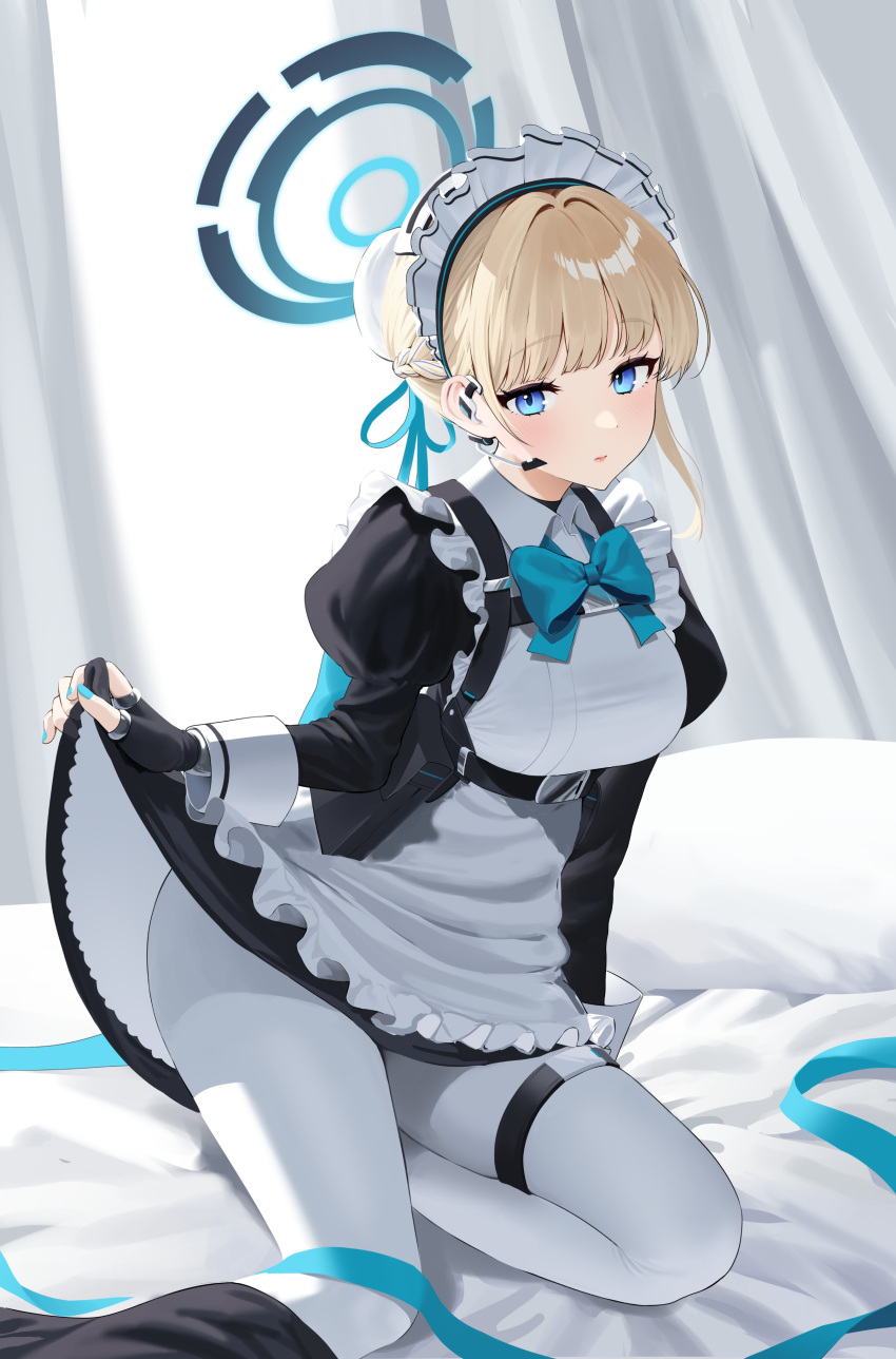 1girl absurdres apron ayoni_623 black_dress black_gloves blonde_hair blue_archive blue_bow blue_bowtie blue_eyes blue_hair blue_nails blue_ribbon bow bowtie braid breasts bun_cover chest_harness clothes_lift dress dress_lift earpiece fingerless_gloves french_braid frilled_apron frills gloves hair_bun hair_ribbon halo harness highres indoors juliet_sleeves lifted_by_self long_sleeves looking_at_viewer maid_apron maid_headdress medium_breasts multicolored_hair nail_polish on_bed pantyhose pillow puffy_sleeves ribbon short_hair single_hair_bun sitting solo streaked_hair thigh_strap toki_(blue_archive) white_apron white_curtains white_pantyhose