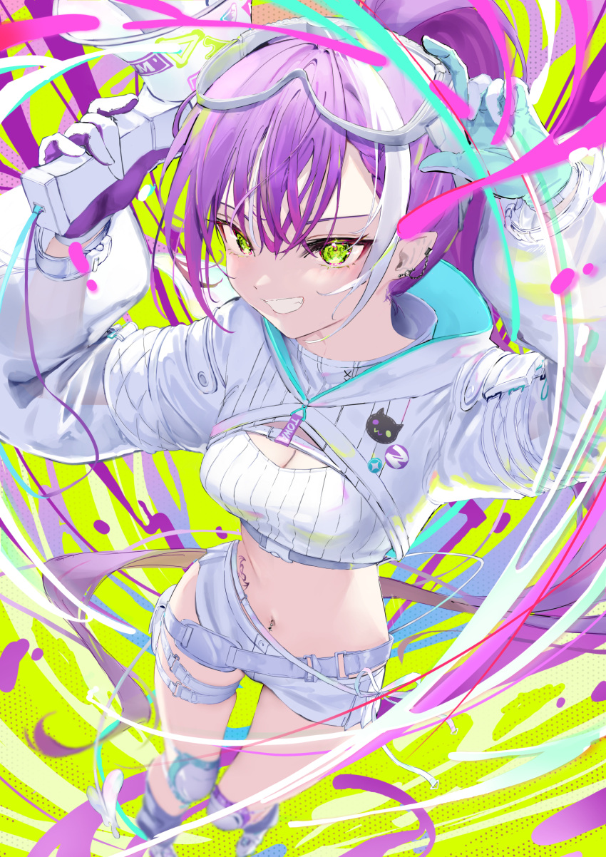 1girl blue_gloves breasts commentary ear_piercing gloves green_eyes gyoku_seisyoku heart heart_tattoo highres holding holding_megaphone hololive long_hair looking_at_viewer medium_breasts megaphone multicolored_hair navel navel_piercing piercing pointy_ears ponytail purple_gloves purple_hair short_shorts shorts shrug_(clothing) smile strapless streaked_hair tattoo tokoyami_towa tokoyami_towa_(5th_costume) tube_top two-sided_gloves virtual_youtuber white_gloves white_hair white_shorts white_tube_top winged_heart_tattoo