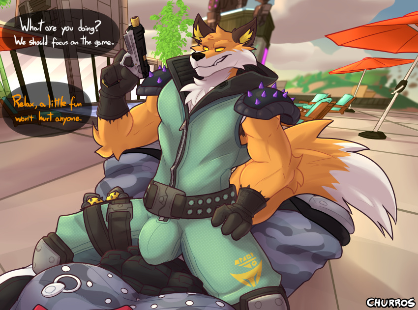 absurd_res anthro armor bear big_bulge bulge canid canine churrosolixoso clothed clothing detailed_background dialogue digital_media_(artwork) duo english_text epic_games fennix_(fortnite) fortnite fox fur hi_res male male/male mammal muscular muscular_anthro muscular_male on_top orange_body orange_fur polar_bear polar_patroller text ursine white_body white_fur