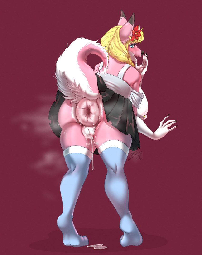 absurd_res accessory anthro anus bent_over big_anus big_breasts blonde_hair blue_eyes bodily_fluids bottomwear breasts butt canid canine canis clothing dragon ear_piercing female flower flower_in_hair fur genital_fluids genitals hair hair_accessory hi_res huge_anus huge_breasts hybrid hyper hyper_anus la.xtc legwear looking_at_viewer looking_back mammal musk nipple_piercing nipples piercing pink_body pink_fur plant presenting presenting_hindquarters puffy_anus pussy pussy_juice raised_tail roketchu shirt skirt solo stockings sweat sweatdrop tail topwear wolf