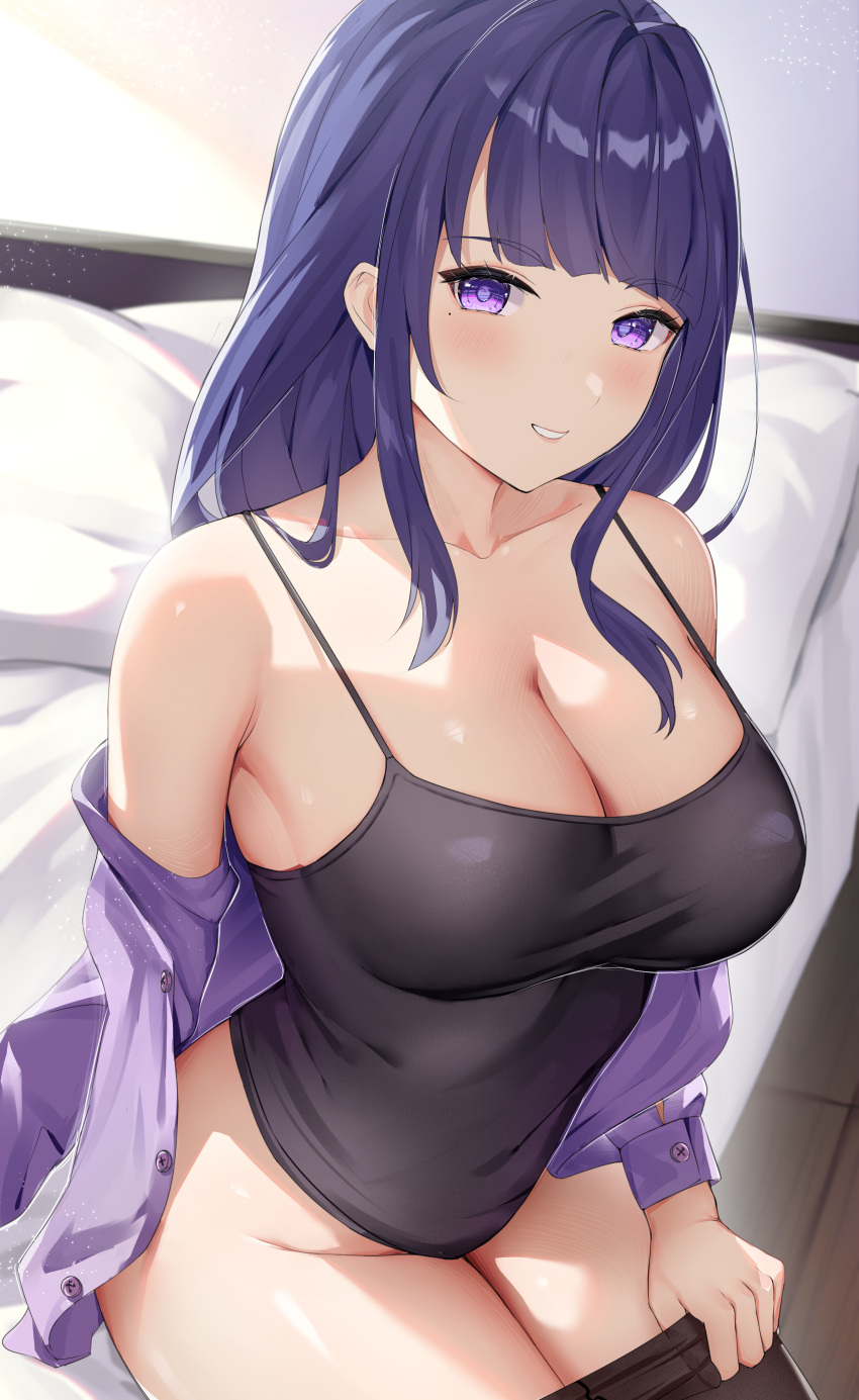 1girl absurdres alternate_costume bare_shoulders bed black_camisole blunt_bangs blush breasts camisole cleavage clothes_pull collarbone genshin_impact grin highres indoors large_breasts long_hair long_sleeves looking_at_viewer mole mole_under_eye off_shoulder on_bed open_clothes open_shirt pants pants_pull parted_lips pillow purple_eyes purple_hair purple_shirt raiden_shogun rosumerii shirt sitting smile solo spaghetti_strap strap_gap thighs