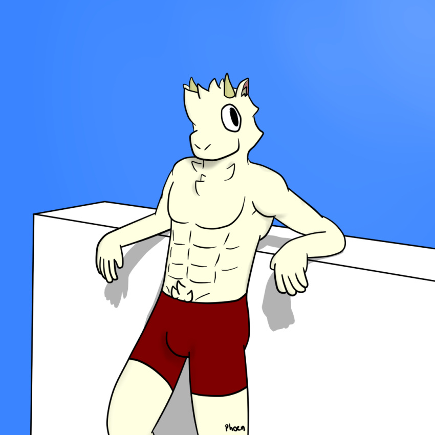 abdominal_hair abs anthro bovid boxers_(clothing) bulge caprine clothed clothing fluffy fur goat horn male mammal muscular muscular_anthro muscular_male pecs phoen pose pubes red_clothing relaxing solo tan_body tan_fur topless underwear