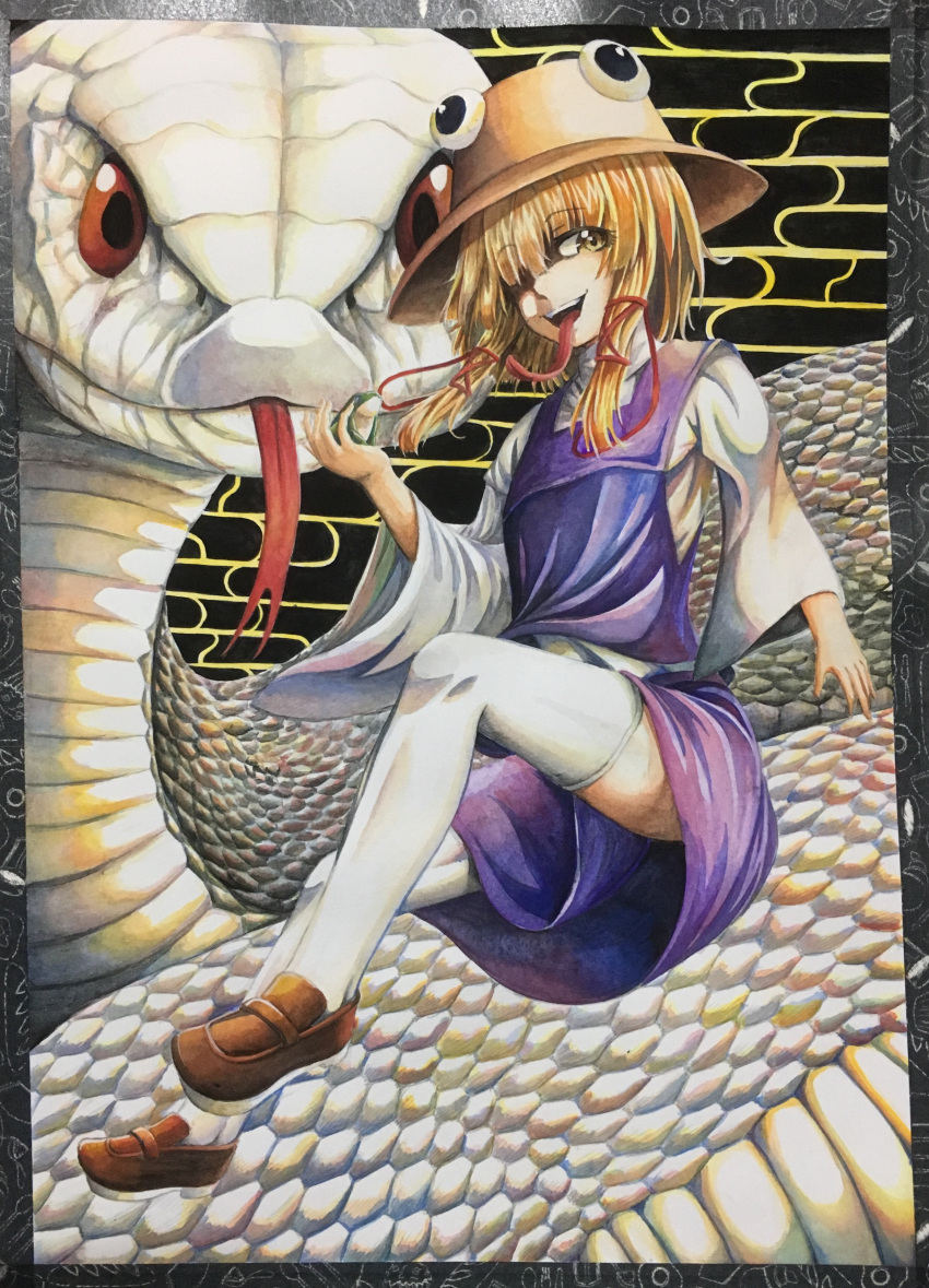 1girl 283win absurdres acrylic_paint_(medium) blonde_hair brown_headwear commentary_request highres long_sleeves looking_at_viewer medium_hair mishaguji moriya_suwako painting_(medium) photo_(medium) purple_skirt purple_vest red_eyes shikishi shirt sidelocks skirt snake thighhighs tongue touhou traditional_media vest white_shirt white_snake white_thighhighs wide_sleeves yellow_eyes