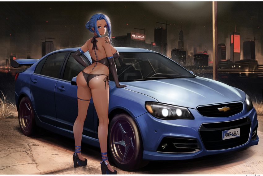 1girl absurdres arm_tattoo ass bikini black_bikini black_footwear black_gloves blue_eyes blue_hair building chevrolet chevrolet_ss city cityscape closed_mouth commentary commission crane_(machine) elbow_gloves from_behind gloves high_heels highres kcar66t license_plate looking_at_viewer looking_to_the_side night night_sky original outdoors pixiv_commission race_queen sky skyscraper solo spoiler_(automobile) standing swimsuit tattoo vehicle_focus
