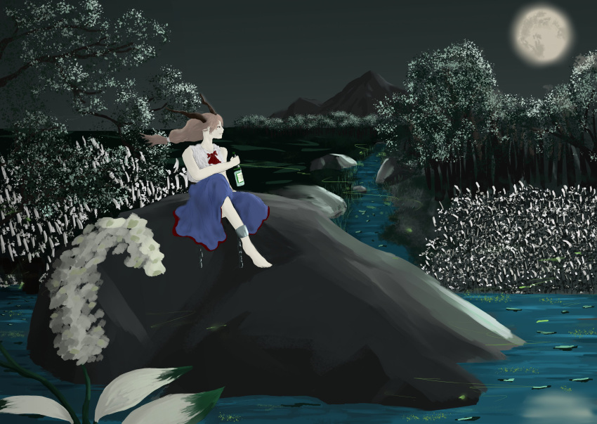 1girl absurdres aerial_(aerial_30) alcohol ankle_cuffs blue_skirt bottle flower food grey_sky highres holding holding_bottle horns ibuki_suika lily_pad looking_at_viewer looking_to_the_side moon mountain mountainous_horizon night oni oni_horns onigiri plant pleated_skirt river riverbank rock sake sake_bottle sitting_on_rock skirt sky solo touhou tree water