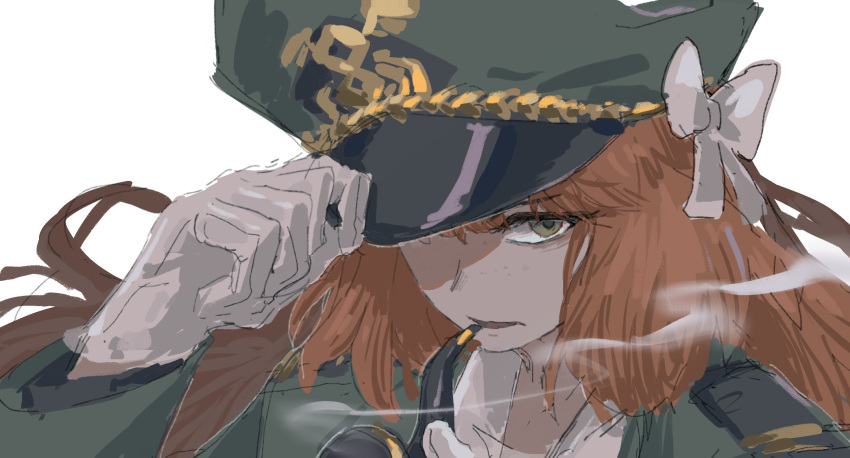 1girl bow green_headwear hair_bow hand_up hat highres holding holding_smoking_pipe ishmael_(project_moon) limbus_company military_hat military_uniform peaked_cap portrait project_moon shiqicheng simple_background smoking_pipe solo uniform white_background white_bow