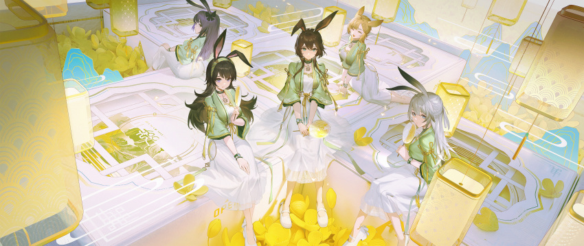 5girls :d :q absurdres alternate_costume amiya_(arknights) animal_ears april_(arknights) arknights black_hair blonde_hair blue_eyes brown_hair closed_eyes closed_mouth collar commentary_request dacheng_ad flower green_collar green_shirt grey_hair hand_fan highres holding holding_fan kroos_(arknights) kroos_the_keen_glint_(arknights) lantern long_hair looking_at_viewer looking_back mary_janes matching_outfits mountain multiple_girls paper_lantern purple_eyes purple_hair rabbit_ears rabbit_girl rope_(arknights) savage_(arknights) shirt shoes sitting skirt sleeves_past_elbows smile tongue tongue_out watch white_footwear white_skirt wide_shot wristwatch yellow_eyes yellow_flower