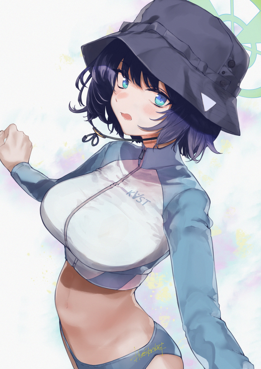 1girl bikini blue_archive blue_bikini blush breasts bucket_hat halo hat highres kojima_(blue_stardust) large_breasts long_sleeves looking_at_viewer official_alternate_costume purple_eyes rash_guard saki_(blue_archive) saki_(swimsuit)_(blue_archive) sideways_glance signature simple_background solo swimsuit