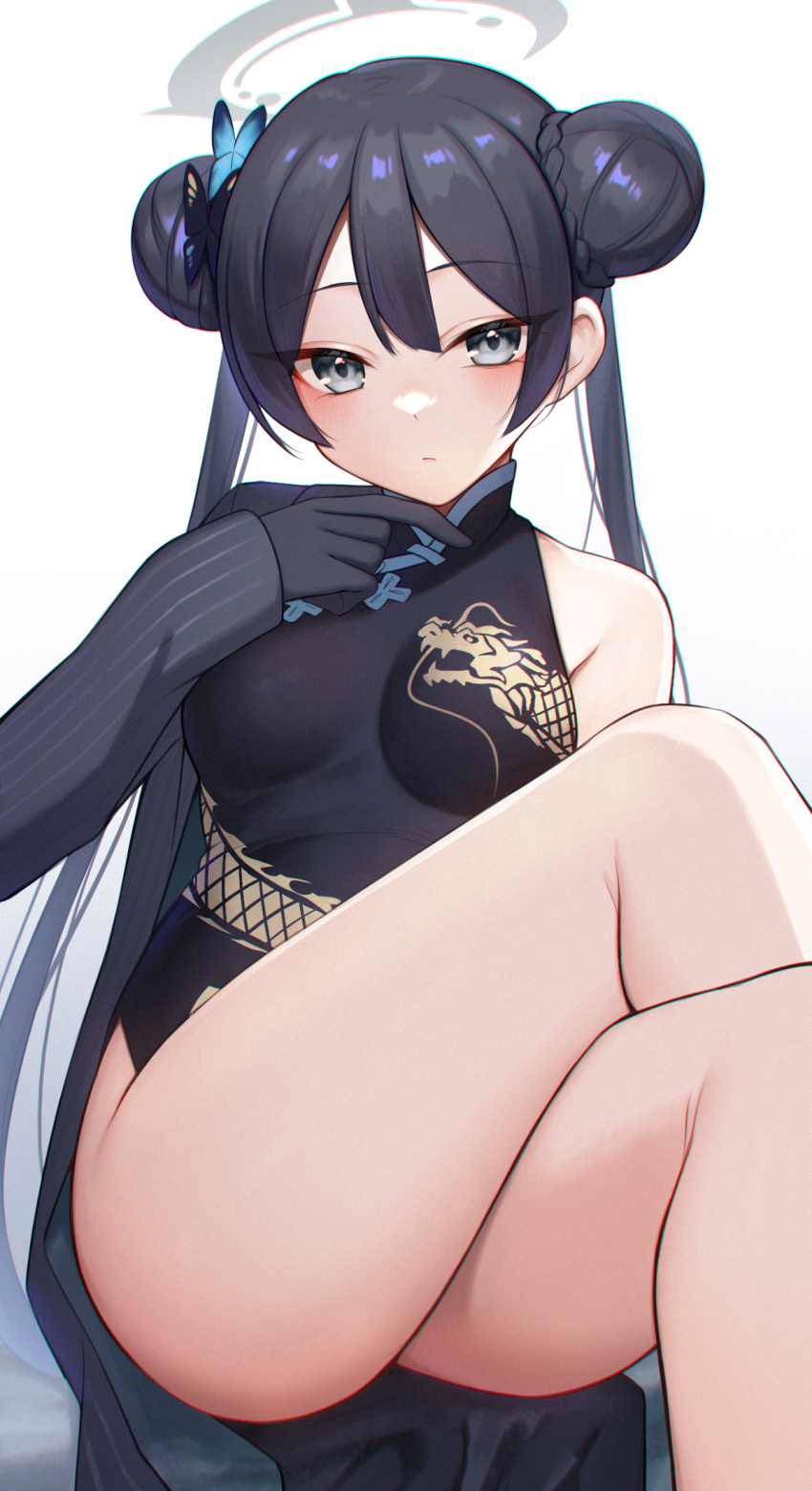 1girl black_dress black_gloves black_hair blue_archive breasts butterfly_hair_ornament china_dress chinese_clothes commentary_request crossed_legs double_bun dragon_print dress gloves grey_eyes grey_halo hair_bun hair_ornament halo highres hoshimiya_aki jacket kisaki_(blue_archive) legs long_hair looking_at_viewer medium_breasts print_dress sleeveless sleeveless_dress solo striped striped_jacket thighs vertical-striped_jacket vertical_stripes