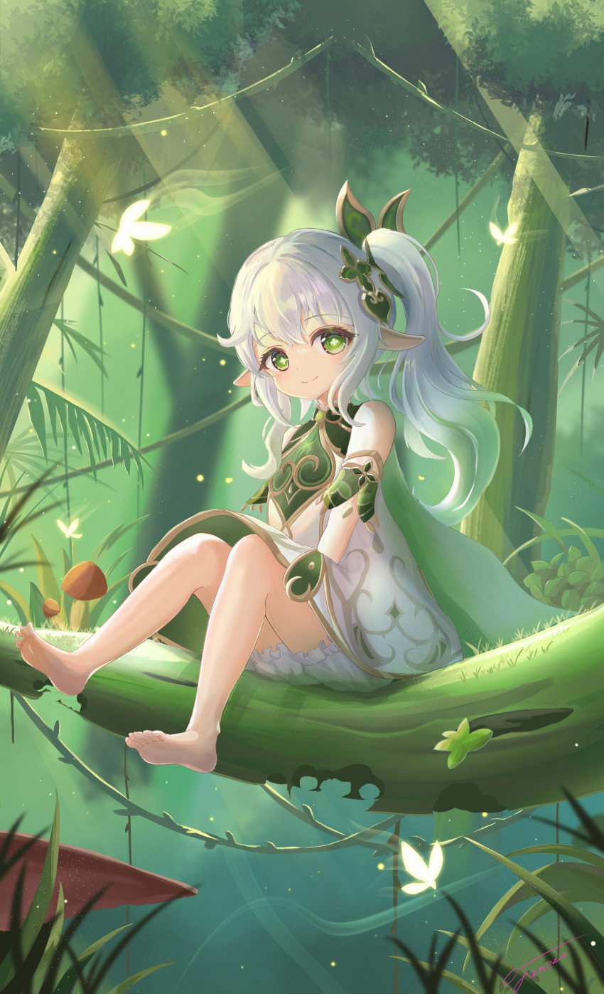 1girl absurdres ass bare_legs barefoot bloomers blurry bracelet cape commentary_request crystalfly_(genshin_impact) depth_of_field detached_sleeves dress forest genshin_impact gradient_hair green_cape green_eyes hair_between_eyes hair_ornament highres jewelry knees_up leaf_hair_ornament long_hair looking_at_viewer multicolored_hair nahida_(genshin_impact) nature outdoors pointy_ears short_dress short_sleeves side_ponytail sidelocks sitting_on_branch smile soles solo symbol-shaped_pupils toes two-tone_hair underwear unishaho white_bloomers white_dress white_hair