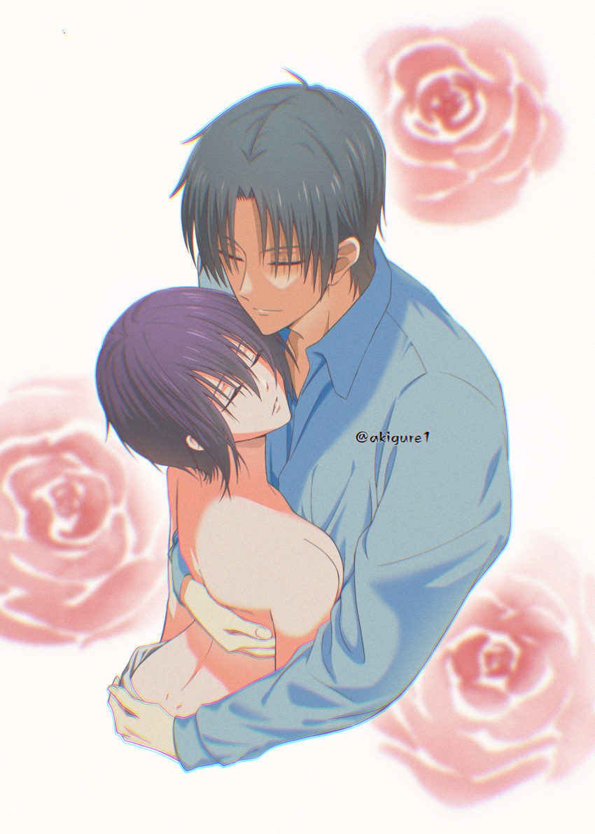 absurdres akigure1 flat_chest flower fruits_basket hand_on_another's_ass highres non-web_source nude rose short_hair souma_akito souma_shigure