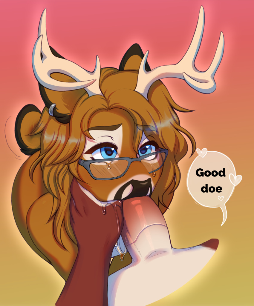 &lt;3 anthro antlers black_nose blue_eyes bodily_fluids brown_body brown_fur brown_hair capreoline deer dominant dominant_male dominant_pov duo ear_piercing ear_ring ewan_j._redding eyewear fellatio first_person_view fur genitals girly glasses hair hi_res horn humanoid_genitalia humanoid_penis kneeling kneeling_oral_position long_hair looking_up_at_partner male male/male mammal multicolored_body multicolored_fur oral penile penis piercing red_body red_fur ring_piercing saliva saliva_on_penis sex spr-out submissive submissive_male tears tears_of_pleasure text thumb_in_mouth two_tone_body two_tone_fur white-tailed_deer white_body white_fur