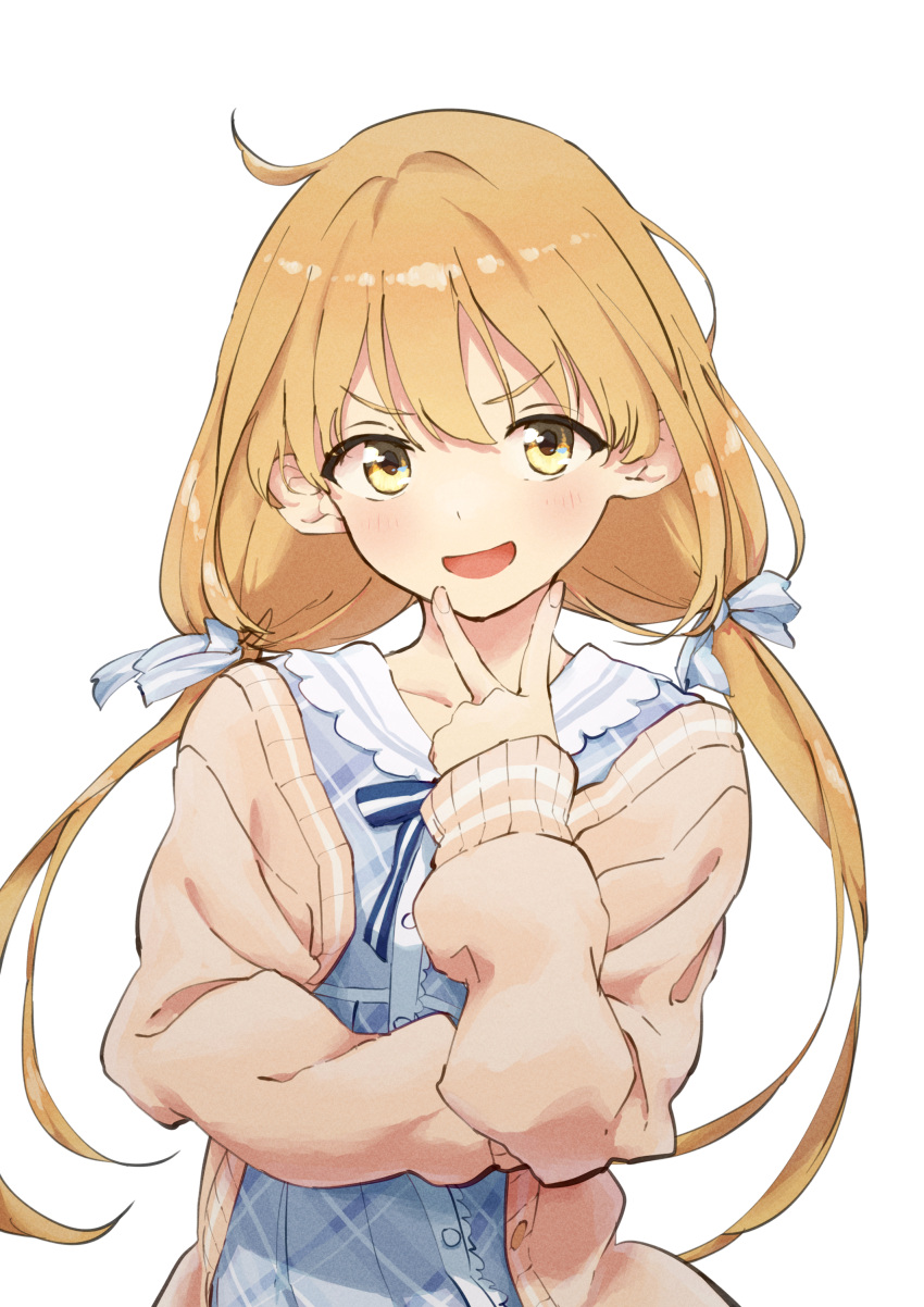 1girl absurdres blonde_hair blue_dress blue_ribbon blush brown_eyes cardigan collarbone doyagao dress frilled_dress frills futaba_anzu hair_ribbon highres idolmaster idolmaster_cinderella_girls idolmaster_cinderella_girls_starlight_stage long_hair long_sleeves looking_at_viewer low_twintails open_cardigan open_clothes open_mouth pink_cardigan ribbon sanpo_(sanpo_1027) simple_background smile smug solo twintails v v-shaped_eyebrows white_background