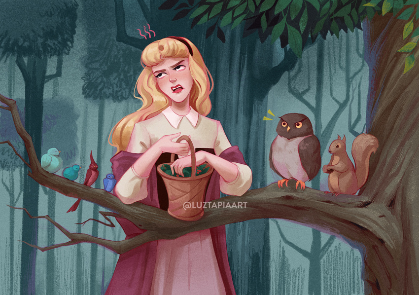 1girl aurora_(disney) bird blonde_hair breasts curly_hair dress long_hair long_sleeves luztapiaart medium_breasts owl pink_dress princess sleeping_beauty