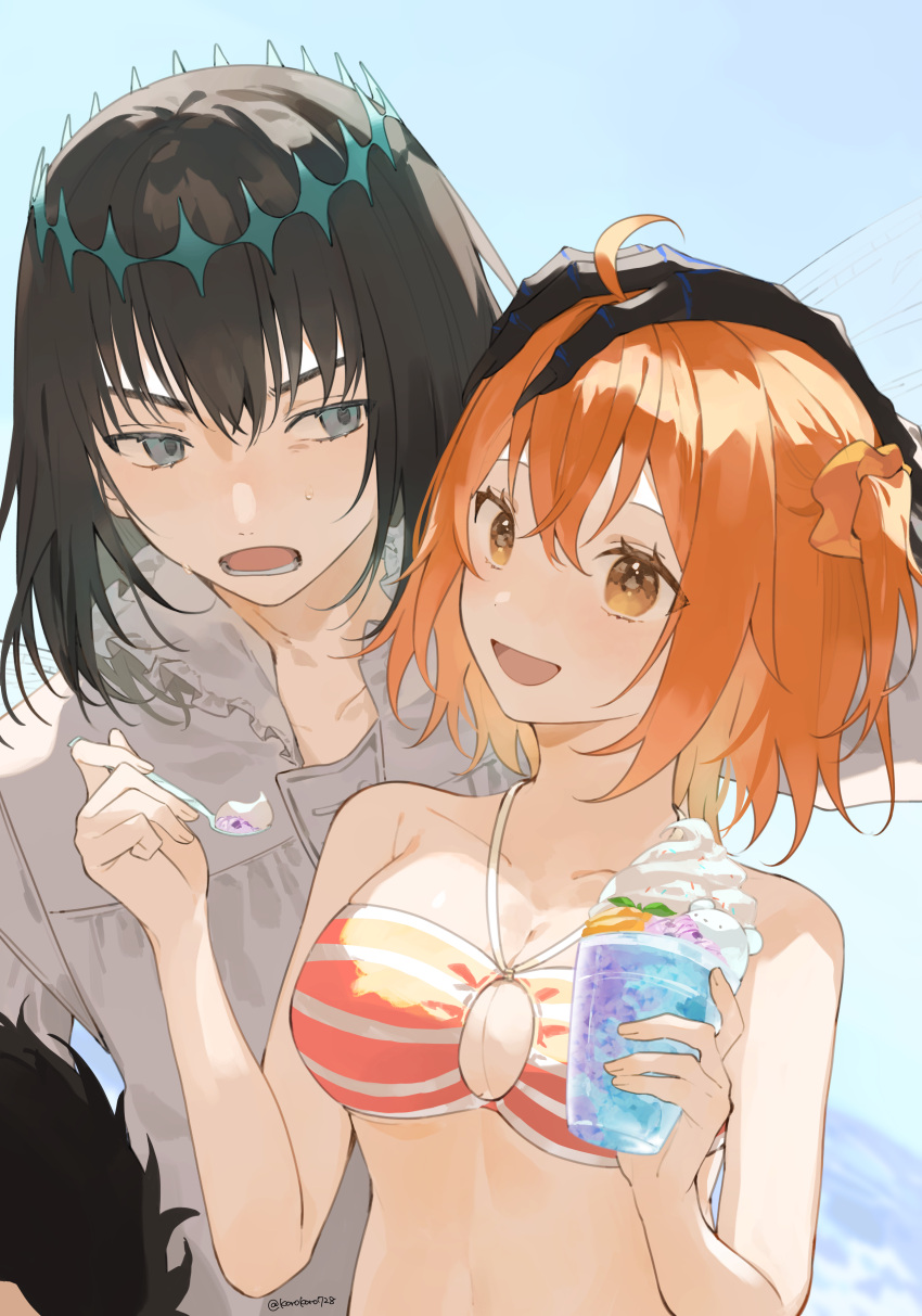 1boy 1girl absurdres ahoge bikini black_hair blue_background blush breasts cleavage collarbone cup diamond_hairband dragonfly_wings eyelashes fate/grand_order fate_(series) food frilled_shirt_collar frills fujimaru_ritsuka_(female) grey_eyes hair_between_eyes highres holding holding_cup holding_spoon ice_cream large_breasts long_sleeves lower_teeth_only oberon_(fate) oberon_(third_ascension)_(fate) one_side_up open_mouth orange_eyes orange_hair romo827 sharing_food shirt short_hair spoon striped striped_bikini summer swimsuit teeth upper_body white_shirt