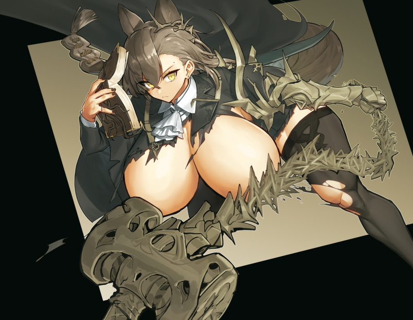 1girl animal_ears arknights ascot black_jacket black_thighhighs book breasts breasts_out chain gauntlets hammer holding holding_book huge_breasts jacket leaning_forward long_hair long_sleeves looking_at_viewer melon22 mole_above_eye open_book penance_(arknights) single_gauntlet solo tail thighhighs thighs torn_clothes weapon wolf_ears wolf_girl wolf_tail