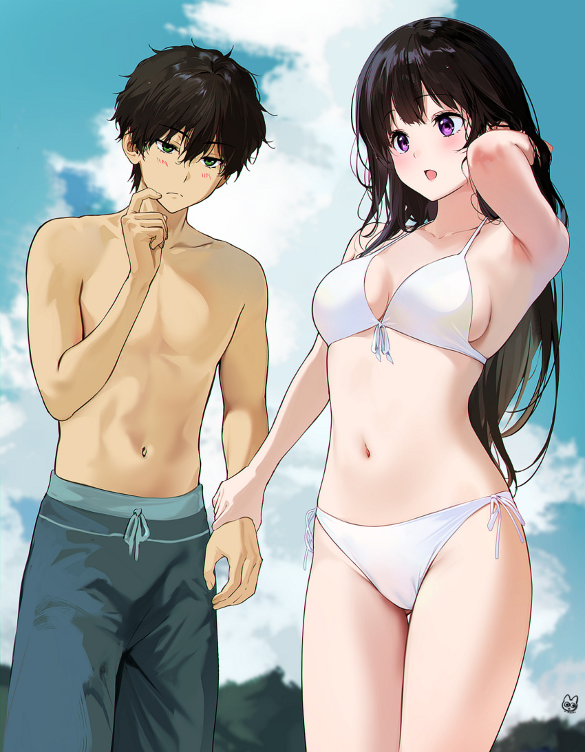 1boy 1girl armpits artist_logo ass_visible_through_thighs bikini blush breasts cameltoe chitanda_eru couple fingernails green_eyes hand_in_own_hair hetero highres hyouka large_breasts long_hair male_swimwear mery_(yangmalgage) navel open_mouth oreki_houtarou purple_eyes simple_background stomach swim_trunks swimsuit white_bikini