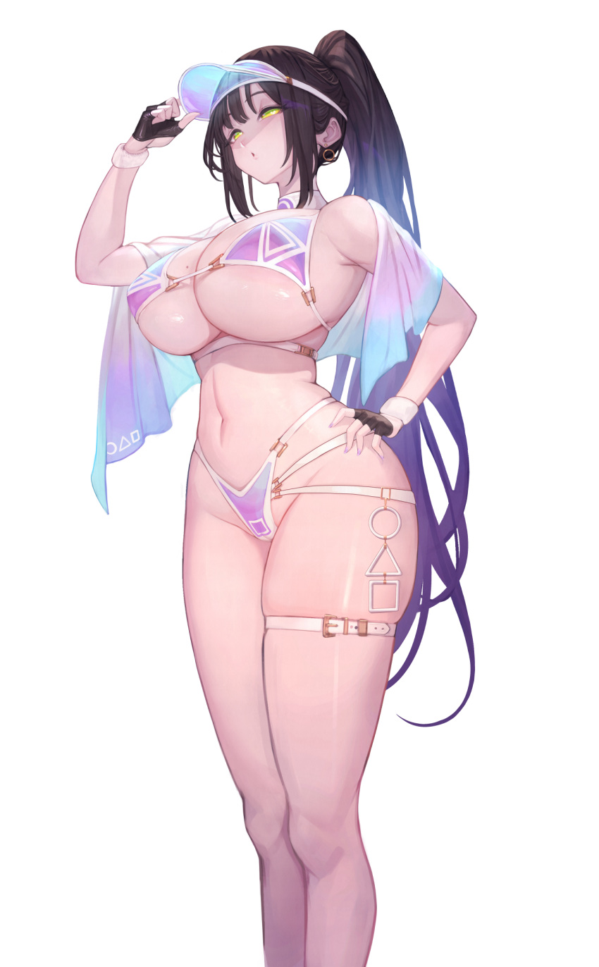 1girl bare_shoulders bikini black_hair breasts earrings hand_on_own_hip highleg highleg_bikini highres huge_breasts jewelry long_hair moco_(moco_28) multicolored_hair o-ring o-ring_bikini original ponytail purple_bikini shiny_swimsuit simple_background skindentation solo standing stomach string_bikini swimsuit thigh_strap thighs underboob very_long_hair visor_cap white_background yellow_eyes