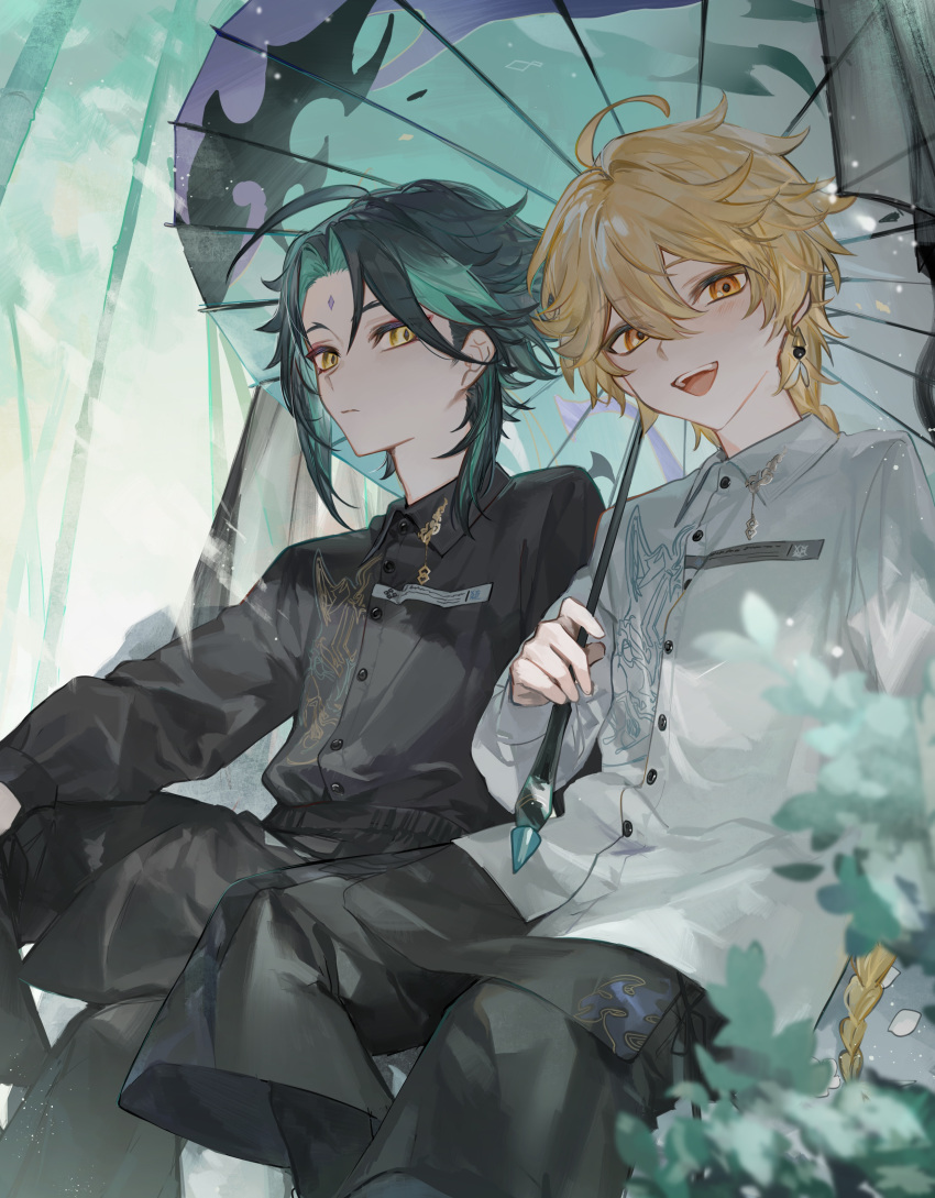 2boys absurdres aether_(genshin_impact) ahoge alternate_costume aqua_hair bamboo bamboo_forest belt black_belt black_hair black_pants black_pantyhose black_shirt black_shorts blonde_hair blurry blush braid bush buttons closed_mouth collared_shirt earrings eyeshadow facial_mark feather_hair_ornament feathers forehead_mark forest genshin_impact gradient_hair hair_ornament hand_up highres holding holding_umbrella jewelry leaf long_hair long_sleeves looking_at_viewer makeup male_focus multicolored_hair multiple_boys nature oil-paper_umbrella open_mouth orange_eyes outdoors pants pantyhose puffy_long_sleeves puffy_sleeves red_eyeshadow rock shirt short_hair shorts sidelocks single_earring sitting sky smile snowing teeth tongue two-tone_hair umbrella white_shirt white_sky xiao_(genshin_impact) yellow_eyes zaso_shosora