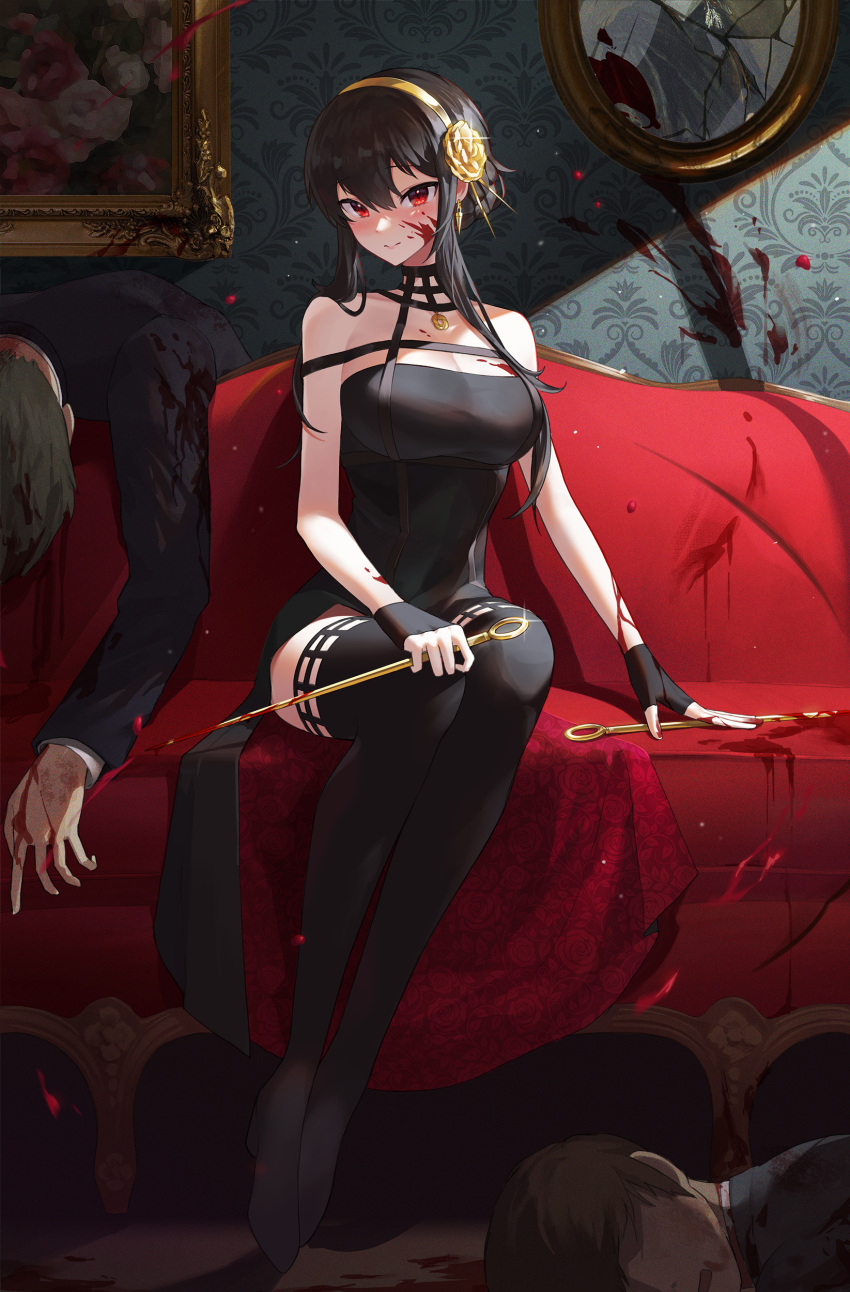 1girl 2boys absurdres bare_shoulders black_dress black_gloves black_hair black_thighhighs blood blood_on_breasts blood_on_clothes blood_on_face blood_on_hands blood_on_wall blood_on_weapon blush breasts broken_glass cleavage commentary_request corpse couch dagger death dress faceless faceless_male flower full_body glass gloves hair_flower hair_ornament hairband highres holding holding_weapon knife large_breasts long_sleeves looking_at_viewer multiple_boys murder nunsori on_couch red_eyes revision rose sitting sleeveless sleeveless_dress smile sparkle spy_x_family thighhighs weapon yor_briar