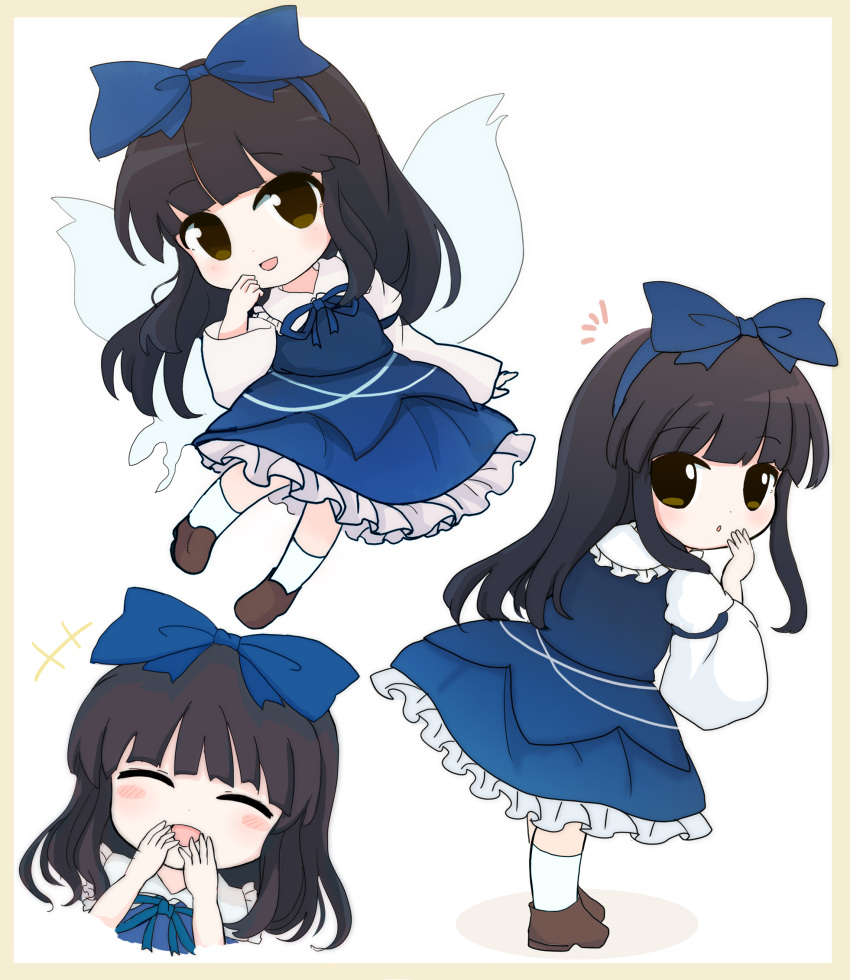 1girl black_hair blue_bow blue_dress blush_stickers bow brown_eyes brown_footwear closed_eyes dress fairy fairy_wings frilled_dress frills hair_bow highres long_hair long_sleeves multiple_views open_mouth parted_lips rei_(tonbo0430) shoes smile socks star_sapphire touhou white_socks wings