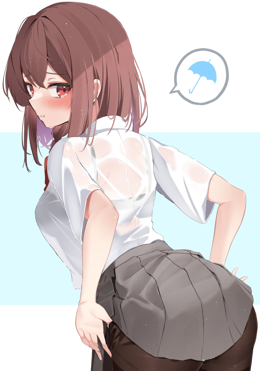 1girl :t absurdres adjusting_clothes ass black_pantyhose blush brown_hair collared_shirt from_behind grey_skirt hair_between_eyes highres kamimori_kuuraku looking_back medium_hair original pantyhose pleated_skirt pout red_eyes shirt short_sleeves simple_background skirt solo tearing_up two-tone_background wet wet_clothes wet_shirt white_shirt