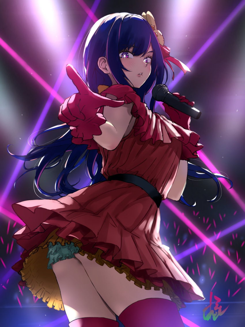 1girl ass blue_panties disgust dress frilled_dress frilled_gloves frilled_panties frills gloves glowstick hair_ornament hair_ribbon highres holding holding_microphone hoshino_ai_(oshi_no_ko) hylran0427 idol long_hair looking_at_viewer looking_back looking_down microphone oshi_no_ko panties parted_lips petticoat pink_gloves purple_eyes purple_hair rabbit_hair_ornament red_dress red_ribbon red_thighhighs ribbon solo stage stage_lights star-shaped_pupils star_(symbol) star_in_eye symbol-shaped_pupils symbol_in_eye thighhighs underwear upskirt