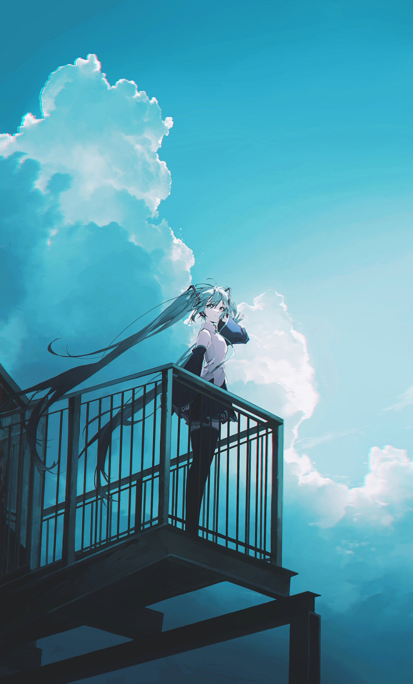 1girl absurdres aqua_eyes aqua_hair aqua_necktie black_skirt black_thighhighs blue_sky cheonyeon-hi chromatic_aberration closed_mouth cloud collared_shirt commentary_request day detached_sleeves floating_hair hair_ornament hair_tucking hare_wo_matsu_(vocaloid) hatsune_miku headphones highres light_smile long_hair looking_at_viewer looking_back necktie outdoors pleated_skirt railing shirt skirt sky sleeveless sleeveless_shirt solo stairs standing thighhighs very_long_hair vocaloid white_shirt wide_shot wind