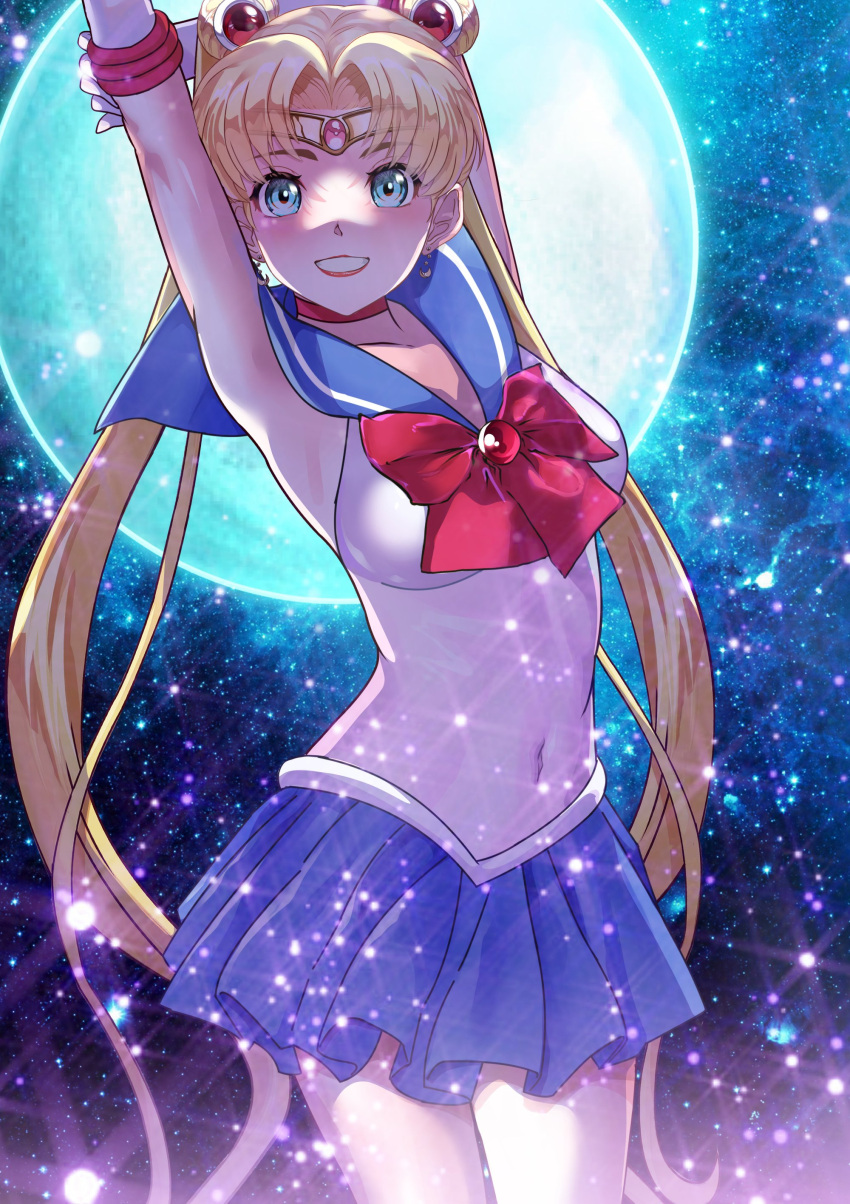 1girl absurdres arion_canvas back_bow bishoujo_senshi_sailor_moon blonde_hair blue_eyes blue_sailor_collar blue_skirt bow bowtie brooch choker circlet commentary_request crescent crescent_earrings double_bun earrings elbow_gloves gloves gold_earrings hair_bun heart heart_brooch highres jewelry long_hair miniskirt parted_bangs pleated_skirt red_bow red_bowtie red_choker sailor_collar sailor_moon shirt short_sleeves skirt solo tsuki_ni_kawatte_oshioki_yo tsukino_usagi twintails very_long_hair white_gloves white_shirt