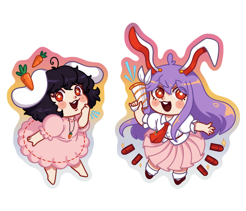 2girls animal_ears barefoot black_hair blush_stickers buttons carnelscorner carrot carrot_necklace chibi collared_shirt commentary dress dress_shirt english_commentary frilled_sleeves frills highres holding holding_megaphone inaba_tewi jewelry leaning_forward long_hair looking_at_viewer medium_hair megaphone multiple_girls necklace open_mouth pink_dress pink_skirt pleated_skirt puffy_short_sleeves puffy_sleeves purple_hair rabbit_ears red_eyes reisen_udongein_inaba shirt short_sleeves skirt socks teeth touhou transparent_background upper_teeth_only white_shirt white_socks