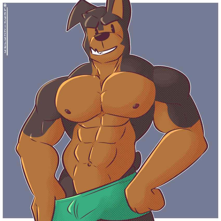 abs anthro biceps buddy_thunderstruck_(character) buddy_thunderstruck_(series) canid canine canis clothed clothing digital_media_(artwork) domestic_dog fizzyjay hi_res looking_at_viewer male mammal muscular muscular_anthro muscular_male nipples pecs smile solo