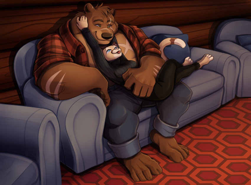 anthro bear blep brown_bear cabin clothed clothing cougar couple_(disambiguation) cuddling duo felid feline female flannel_shirt furniture grizzly_bear grizzlygus gus_(grizzlygus) kodiak_bear male male/female mammal mrkirboy open_clothing open_shirt open_topwear romantic romantic_couple shirt size_difference sofa sweater tongue tongue_out topwear turtleneck ursine valerie_(grizzlygus)