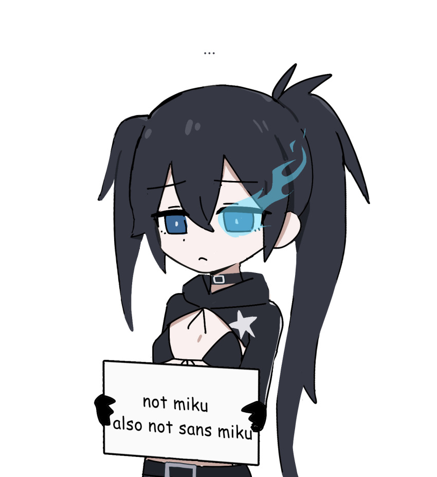 1girl :&lt; asymmetrical_hair belt belt_collar black_bra black_gloves black_hair black_rock_shooter black_rock_shooter_(character) blue_eyes blue_fire bra bright_pupils collar english_text fire flaming_eye frown gloves half-closed_eyes highres holding holding_sign jacket sign solo star_(symbol) star_print tanosii_chan twintails underwear upper_body white_background white_pupils