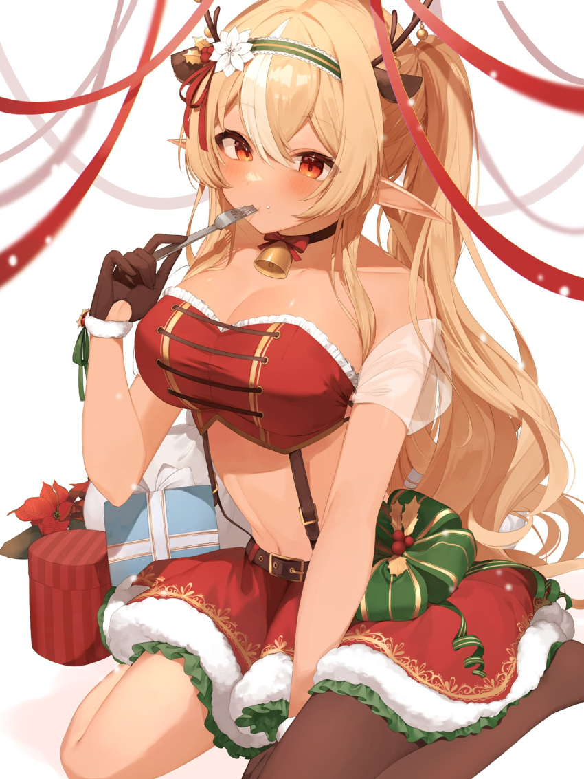 alternate_hairstyle antlers bandeau bare_shoulders bell black_cape blonde_hair brown_gloves cape christmas dark-skinned_female dark_skin detached_sleeves eating elf food food_on_face fork fur-trimmed_gloves fur_trim gloves highres holding holding_fork hololive leather leather_gloves long_hair midriff mikukana133 miniskirt multicolored_hair navel neck_bell pointy_ears red_skirt see-through see-through_sleeves shiranui_flare single_thighhigh sitting skirt stomach streaked_hair suspenders thighhighs twintails virtual_youtuber wariza