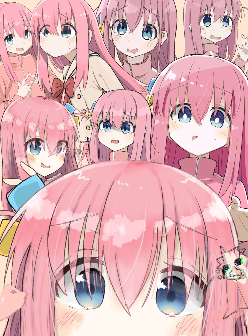 6+girls blue_eyes blush bocchi_the_rock! bow bowtie clone commentary_request cube_hair_ornament frown furrowed_brow gotoh_hitori hair_between_eyes hair_ornament highres long_hair looking_at_viewer multiple_girls open_mouth partial_commentary pigbone_cafe pink_hair pink_track_suit red_bow red_bowtie school_uniform side_ahoge sweat v-shaped_eyebrows