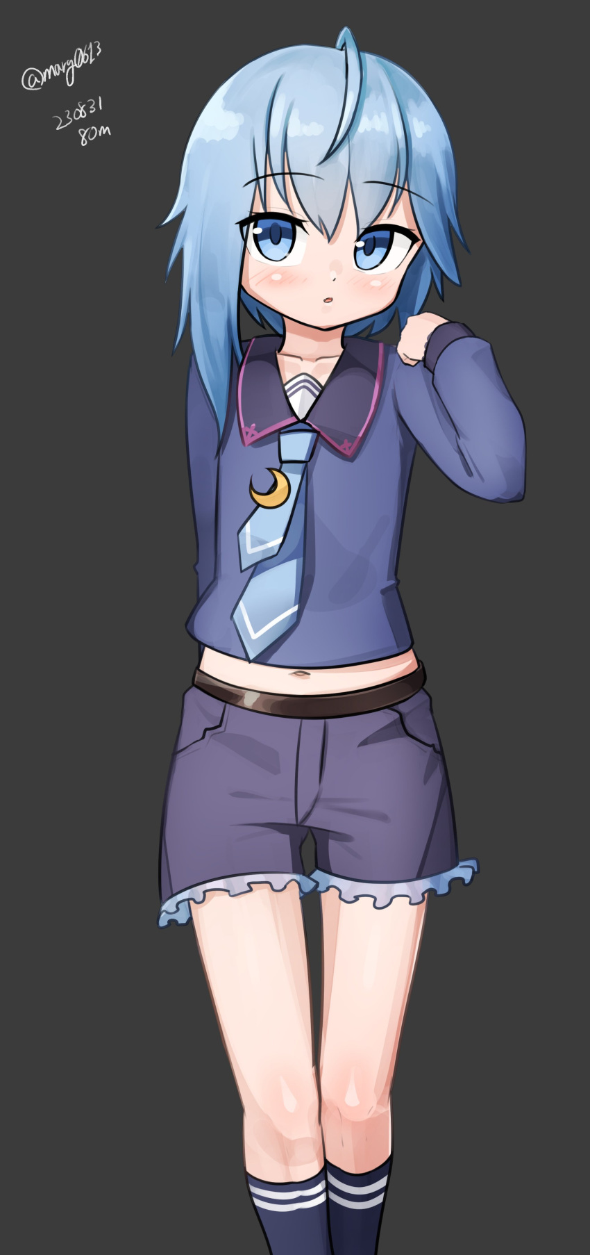 1girl absurdres ahoge asymmetrical_hair black_socks blue_eyes blue_hair blue_necktie blue_sailor_collar blue_shirt crescent crescent_pin feet_out_of_frame frilled_shorts frills grey_background grey_shorts highres kantai_collection kneehighs maru_(marg0613) minazuki_(kancolle) navel necktie one-hour_drawing_challenge sailor_collar school_uniform serafuku shirt short_hair_with_long_locks shorts socks solo standing