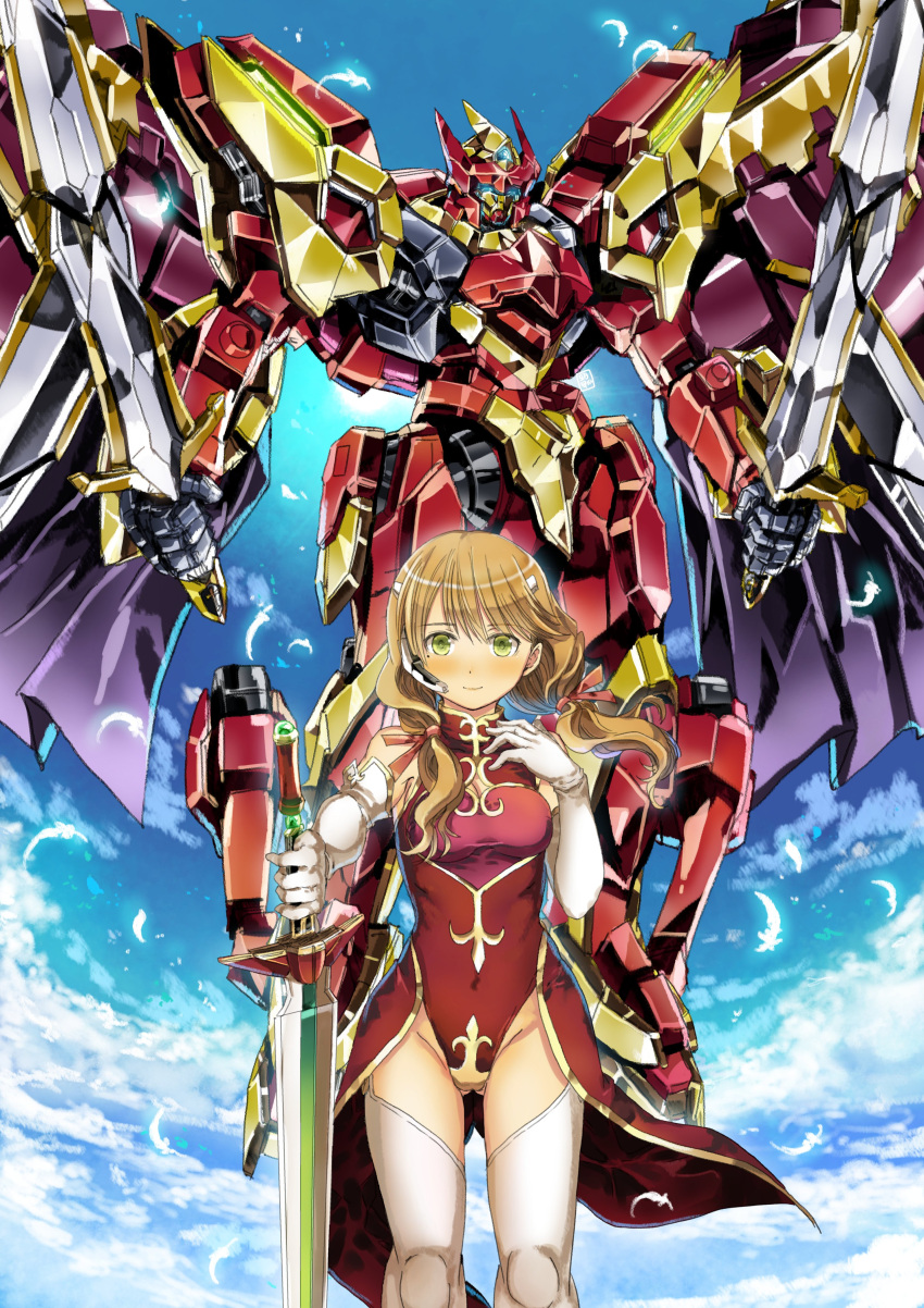 1girl absurdres blush brown_hair code_geass code_geass:_soubou_no_oz garimpeiro green_eyes highres holding holding_sword holding_weapon lancelot_grail long_hair looking_at_viewer mecha multiple_swords oldrin_zevon robot sky sword twintails weapon