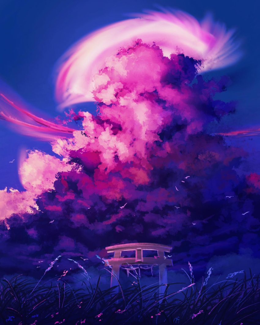 bird blue_sky cloud cumulonimbus_cloud furumiya-underson glass grass highres no_humans original procreate_(medium) purple_clouds purple_theme rope scenery shimenawa sky sky_focus torii