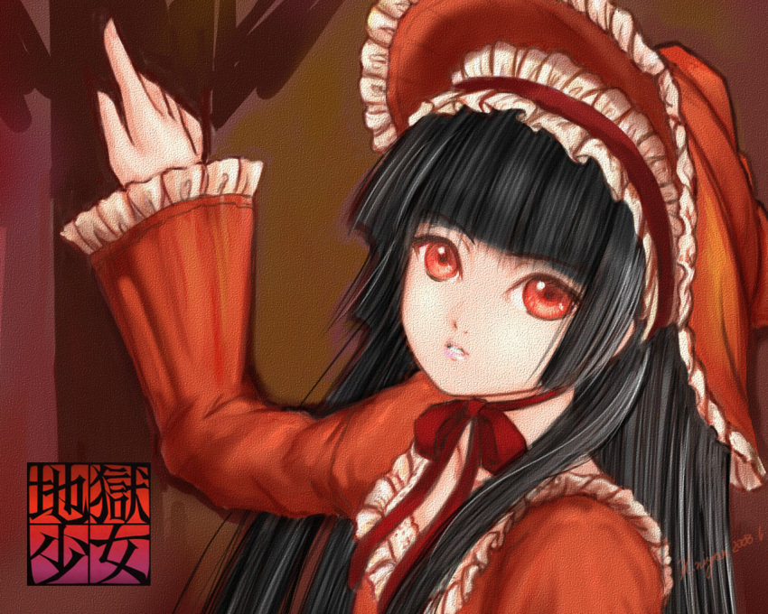 1girl arm_up black_hair blunt_bangs clenched_teeth copyright_name dress enma_ai frills headdress hime_cut jigoku_shoujo keinyan logo lolita_fashion long_hair looking_up neck_ribbon red_dress red_eyes red_headwear red_ribbon ribbon solo teeth very_long_hair victorian