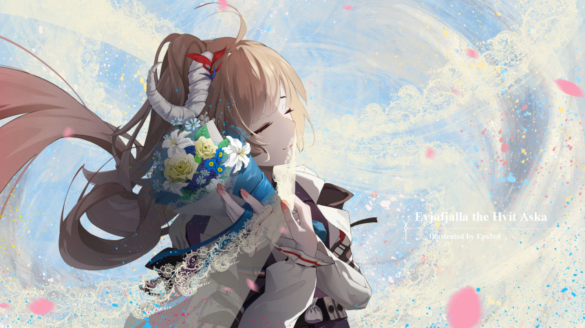 1girl arknights artist_name blue_flower bouquet brown_hair character_name closed_eyes closed_mouth commentary eps3rd eyebrows_hidden_by_hair eyjafjalla_(arknights) eyjafjalla_the_hvit_aska_(arknights) facing_viewer floating_hair flower highres holding holding_bouquet horns jacket long_hair open_clothes open_jacket purple_shirt rose sheep_horns shirt side_ponytail smile solo upper_body very_long_hair white_flower white_jacket yellow_flower yellow_rose