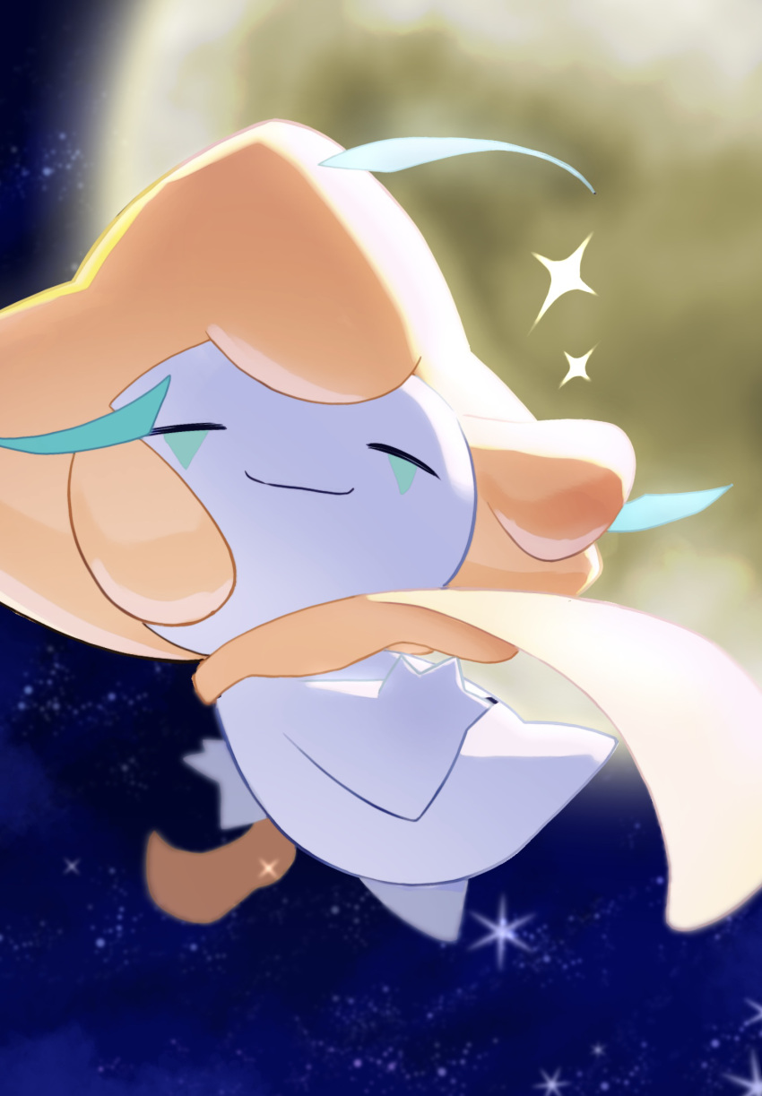 blurry blurry_background closed_eyes closed_mouth commentary_request highres jirachi moon night no_humans nobu_(rghw3527) outdoors pokemon pokemon_(creature) sky smile solo sparkle