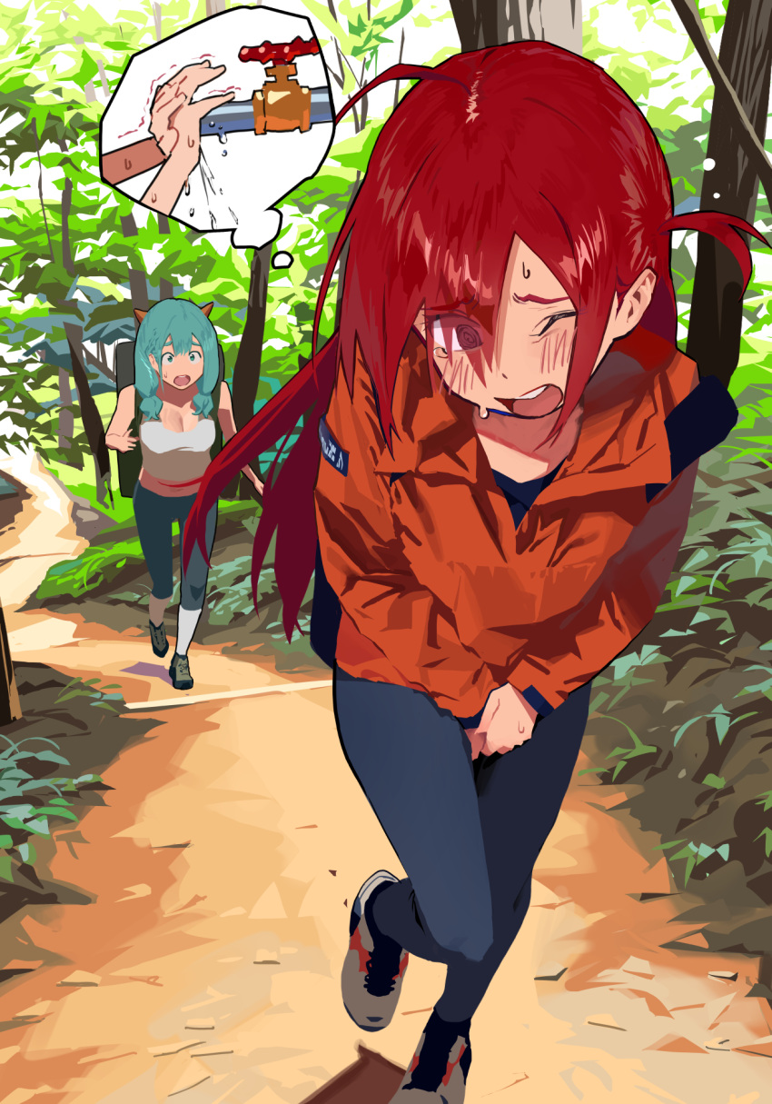 2girls ahoge blush breasts cleavage grey_hair highres jacket multiple_girls one_eye_closed open_mouth original outdoors pants red_hair shoes side_ponytail some1else45 sweat thought_bubble tree trembling water yoga_pants