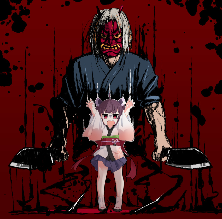 1boy 1girl absurdres ahoge arms_up blade blunt_bangs bow character_request commentary_request cropped_torso full_body gao glaring headgear highres holding holding_knife ink japanese_clothes kimono kitchen_knife knife konori_(ahurerukuiizi) looking_at_viewer mask oni_mask open_mouth pleated_skirt projected_inset purple_hair purple_skirt red_background red_bow red_eyes sharp_teeth short_kimono skirt tabi teeth tiptoes touhoku_kiritan v-shaped_eyebrows veins voiceroid waist_bow white_hair white_kimono wide_shot yukata zouri