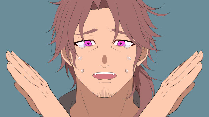 1boy belmond_banderas black_shirt brown_hair choco_(chocovix112) collared_shirt crying crying_with_eyes_open eyebrows_hidden_by_hair facial_hair grey_background hands_up heart heart-shaped_pupils highres looking_at_viewer male_focus nijisanji open_mouth parted_bangs portrait purple_eyes shirt simple_background solo stubble symbol-shaped_pupils tears teeth thick_eyebrows upper_teeth_only virtual_youtuber wavy_mouth