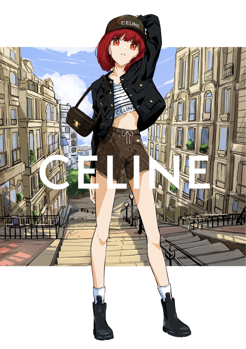 1girl arima_kana bag black_footwear black_jacket bob_cut brown_pants cloud cloudy_sky fashion handbag hat highres inverted_bob jacket looking_at_viewer oshi_no_ko pants red_eyes red_hair shirt shoes short_hair shorts sky socks solo t.k.c white_socks