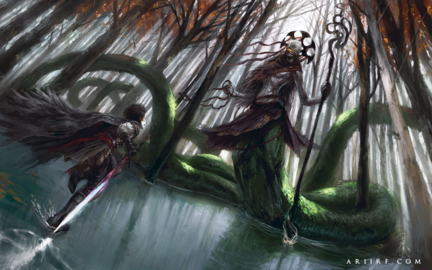 2020 action_pose ambiguous_gender apode ari_ibarra autumn billowing_cape black_cape boots bottomwear breasts clothed clothing crown day detailed_background digital_media_(artwork) digital_painting_(artwork) draconcopode duo dutch_angle female fight footwear forest forest_background fully_clothed glistening gloves grey_body grey_skin hair half_mask handwear headgear holding_object holding_staff holding_sword holding_weapon human lamia legless long_body long_hair magic_sword mammal mask melee_weapon midriff nature nature_background outside partially_submerged plant pose reflection reptile ribbons running scalie serpentine shallow_water shawl size_difference skirt smaller_human snake split_form staff swamp sword tree under_boob warrior water water_reflection weapon wind