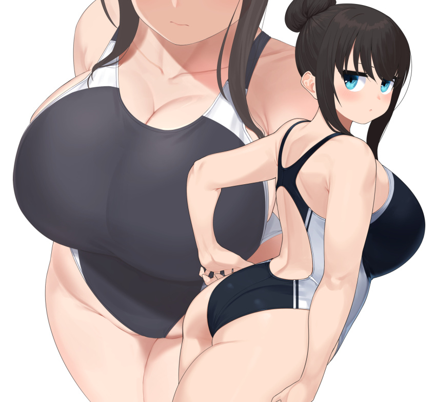 1girl ass black_hair black_one-piece_swimsuit blue_eyes blush breast_focus breasts cleavage close-up competition_swimsuit hair_bun highres huge_breasts iwami_sayaka looking_at_viewer multiple_views omizu_(h2o) one-piece_swimsuit original sidelocks simple_background single_hair_bun standing swimsuit white_background