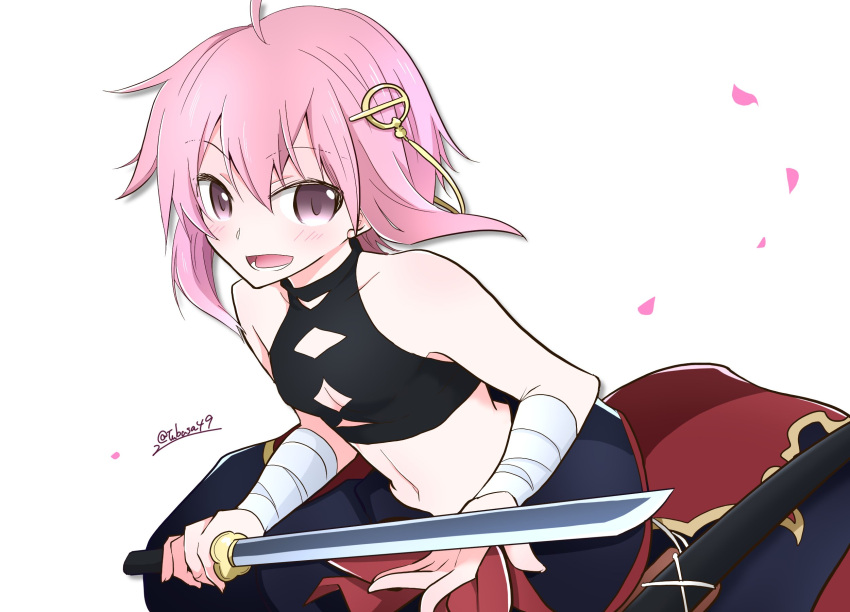 1girl argyle argyle_cutout bandaged_arm bandages bare_shoulders breasts cleavage clothing_cutout crop_top falling_petals fudou_yukimitsu highres lower_teeth_only open_mouth petals pink_eyes pink_hair scabbard sheath short_hair short_hair_with_long_locks short_sword smile solo sword tantou teeth tenka_hyakken tubasa49 twitter_username waist_cape weapon white_background